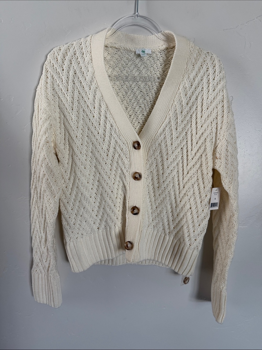 dip Cream Open-Weave V-Neck Button Cardigan